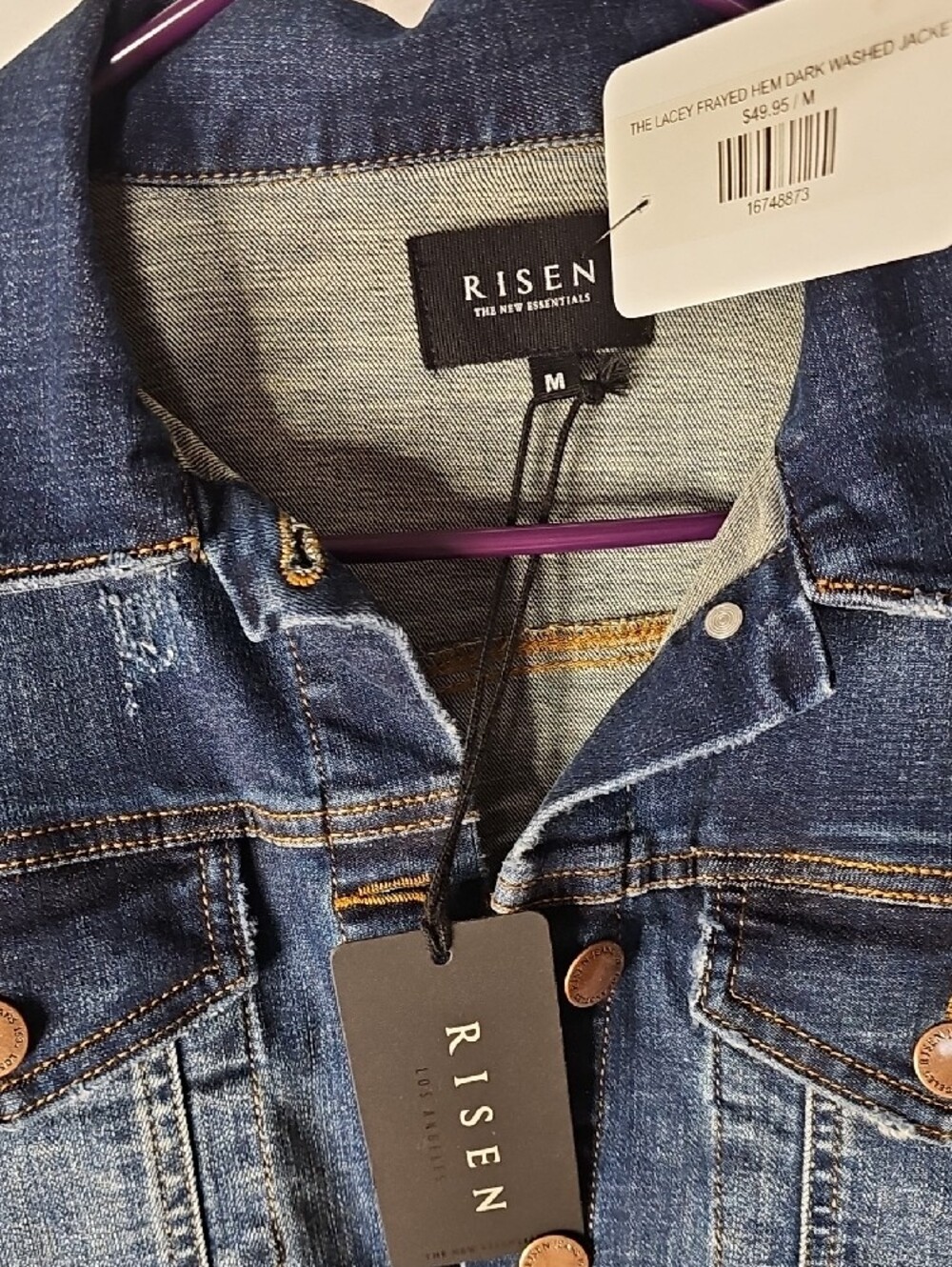 Risen Frayed Hem Dark Blue Denim Jacket - Women's - Picture 3 of 5